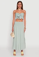 Womens Smocked High Waist Side Slit Skirt, Green,