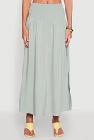 Womens Smocked High Waist Side Slit Skirt, Green,