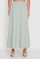 Womens Smocked High Waist Side Slit Skirt, Green,