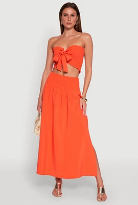 Womens Smocked High Waist Side Slit Skirt, Orange, Size M