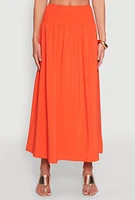 Womens Smocked High Waist Side Slit Skirt, Orange, Size M