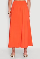 Womens Smocked High Waist Side Slit Skirt, Orange, Size M