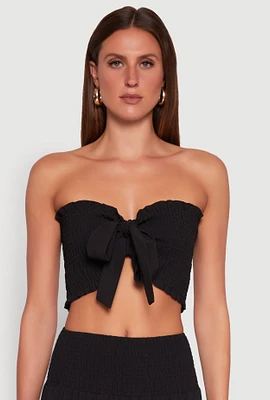 Womens Tie Front Smocked Cropped Tube Top,