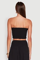 Womens Tie Front Smocked Cropped Tube Top,