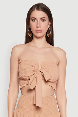 Womens Tie Front Smocked Cropped Tube Top, M