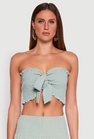 Womens Tie Front Smocked Cropped Tube Top, Green, Size M