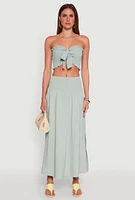 Womens Tie Front Smocked Cropped Tube Top, Green, Size M