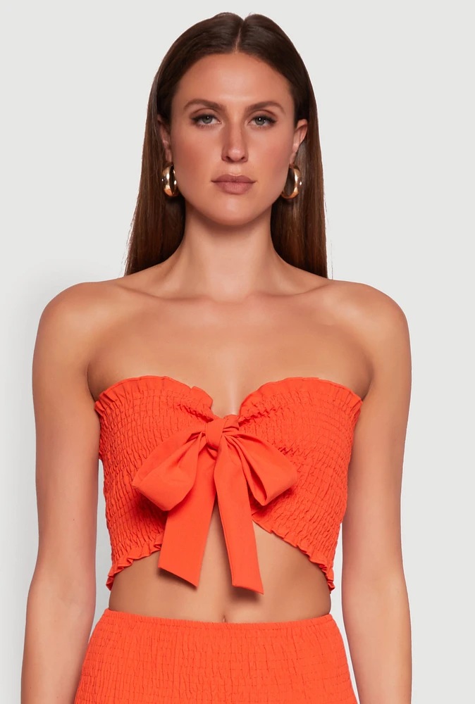 Womens Tie Front Smocked Cropped Tube Top, Orange, Size L