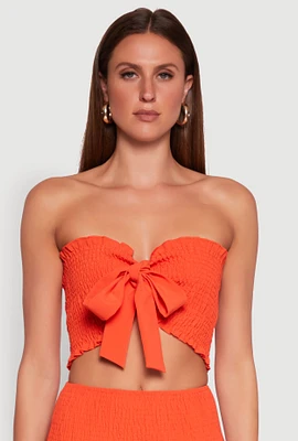Womens Tie Front Smocked Cropped Tube Top, Orange, Size L