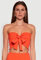 Womens Tie Front Smocked Cropped Tube Top, Orange, Size L