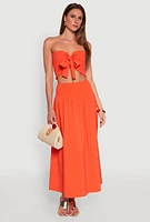 Womens Tie Front Smocked Cropped Tube Top, Orange, Size L