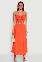 Womens Tie Front Smocked Cropped Tube Top, Orange, Size L