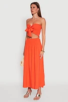 Womens Tie Front Smocked Cropped Tube Top, Orange, Size L