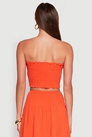 Womens Tie Front Smocked Cropped Tube Top, Orange, Size L