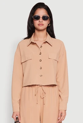 Womens Flap Pocket Cropped Shirt, Beige, Size L
