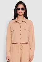 Womens Flap Pocket Cropped Shirt, Beige, Size L