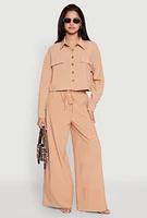 Womens Flap Pocket Cropped Shirt, Beige, Size L