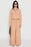 Womens Flap Pocket Cropped Shirt, Beige, Size L