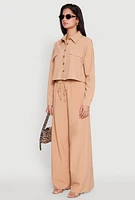 Womens Flap Pocket Cropped Shirt, Beige, Size L