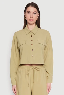 Womens Flap Pocket Cropped Shirt, Green, Size L