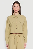 Womens Flap Pocket Cropped Shirt, Green, Size L