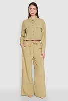 Womens Flap Pocket Cropped Shirt, Green, Size L