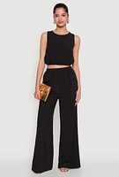 Womens Elastic Waist Cropped Tank Top, Black, Size S