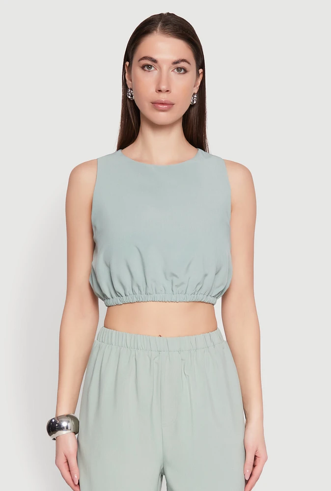 Womens Elastic Waist Cropped Tank Top, Green, Size L