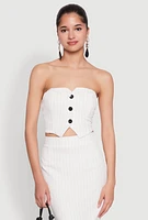 Womens Pinstripe Button Front Strapless Top, White, Size L