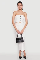 Womens Pinstripe Button Front Strapless Top, White, Size L