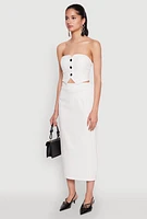 Womens Pinstripe Button Front Strapless Top, White, Size L