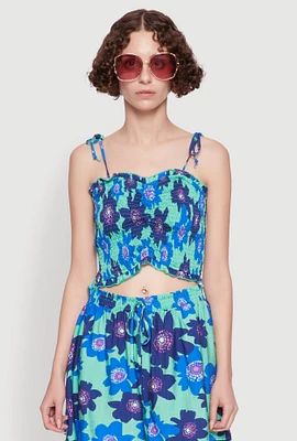 Womens Floral Print Tie Strap Sweetheart Neckline Cami, Blue, Size M