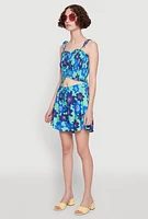 Womens Floral Print Tie Strap Sweetheart Neckline Cami, Blue, Size XL