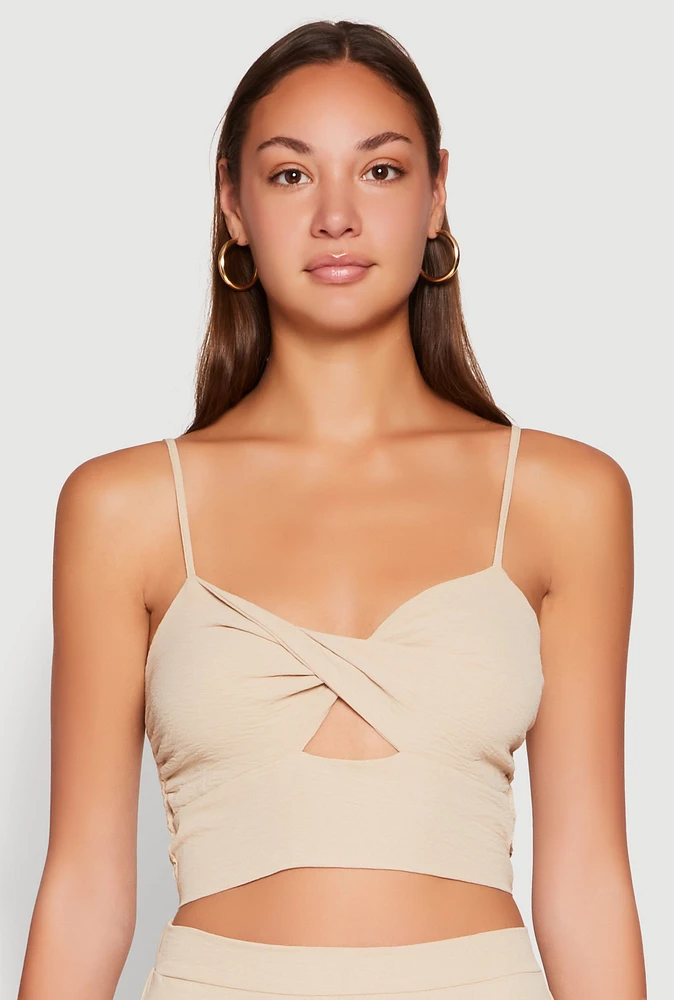 Womens Airy Twist Front Crop Top, Beige, Size L