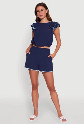 Womens Trendy Crepe Knit High Waisted Shorts with Scalloped Contrast Trim,