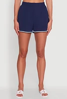 Womens Trendy Crepe Knit High Waisted Shorts with Scalloped Contrast Trim,