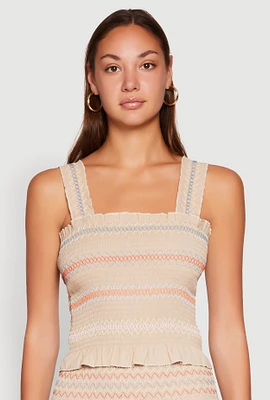 Womens Chevron Linen Smocked Tank Top, Beige,