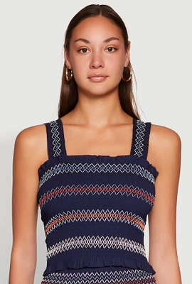 Womens Chevron Linen Smocked Tank Top, Blue,