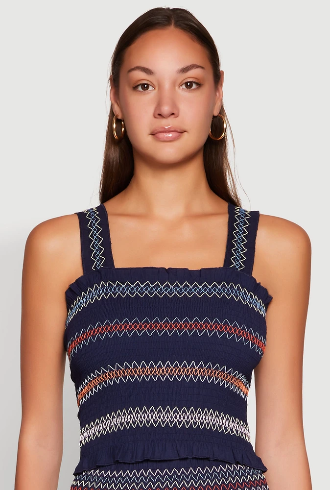 Womens Chevron Linen Smocked Tank Top, Blue, Size M