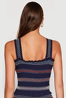 Womens Chevron Linen Smocked Tank Top, Blue, Size M