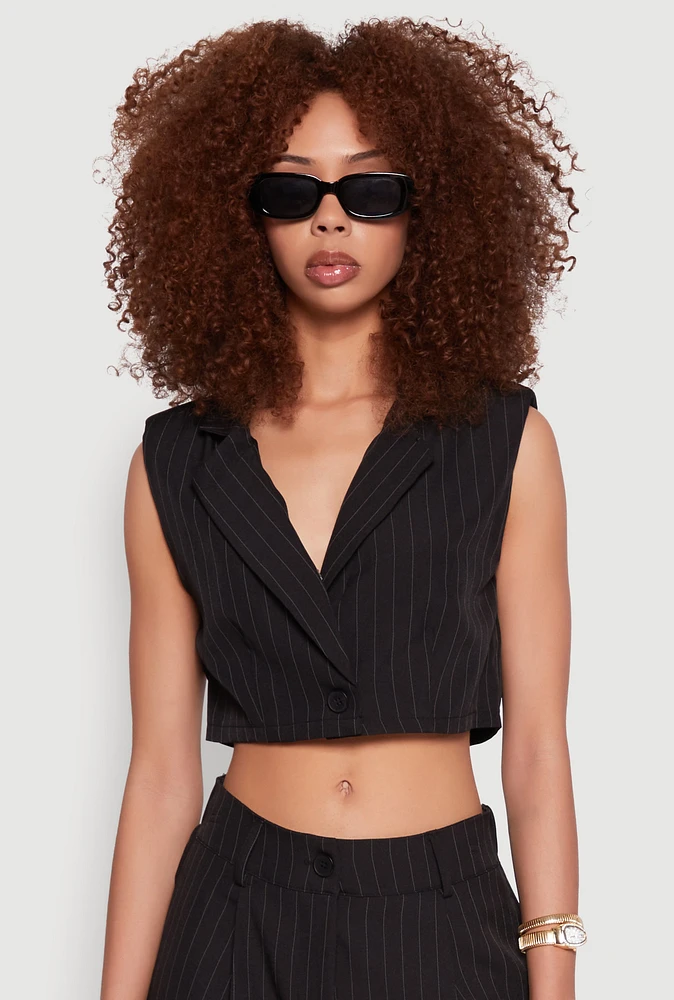 Womens Pinstripe Cropped Blazer Vest, Black, Size L