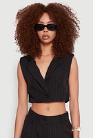 Womens Pinstripe Cropped Blazer Vest, Black, Size L