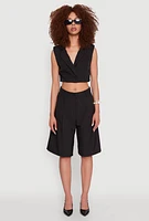 Womens Pinstripe Cropped Blazer Vest, Black, Size L
