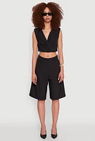 Womens Pinstripe Pleated Bermuda Shorts, Black, Size M