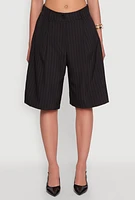 Womens Pinstripe Pleated Bermuda Shorts, Black, Size M