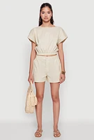 Womens Chic Button Back Keyhole Cropped Blouse,