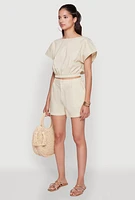 Womens Chic Button Back Keyhole Cropped Blouse,