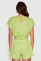 Womens Chic Button Back Keyhole Cropped Blouse,