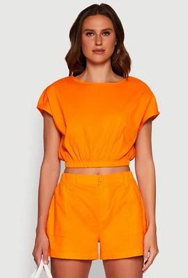 Womens Chic Button Back Keyhole Cropped Blouse, Orange,