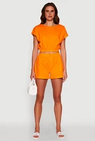 Womens Chic Button Back Keyhole Cropped Blouse, Orange,